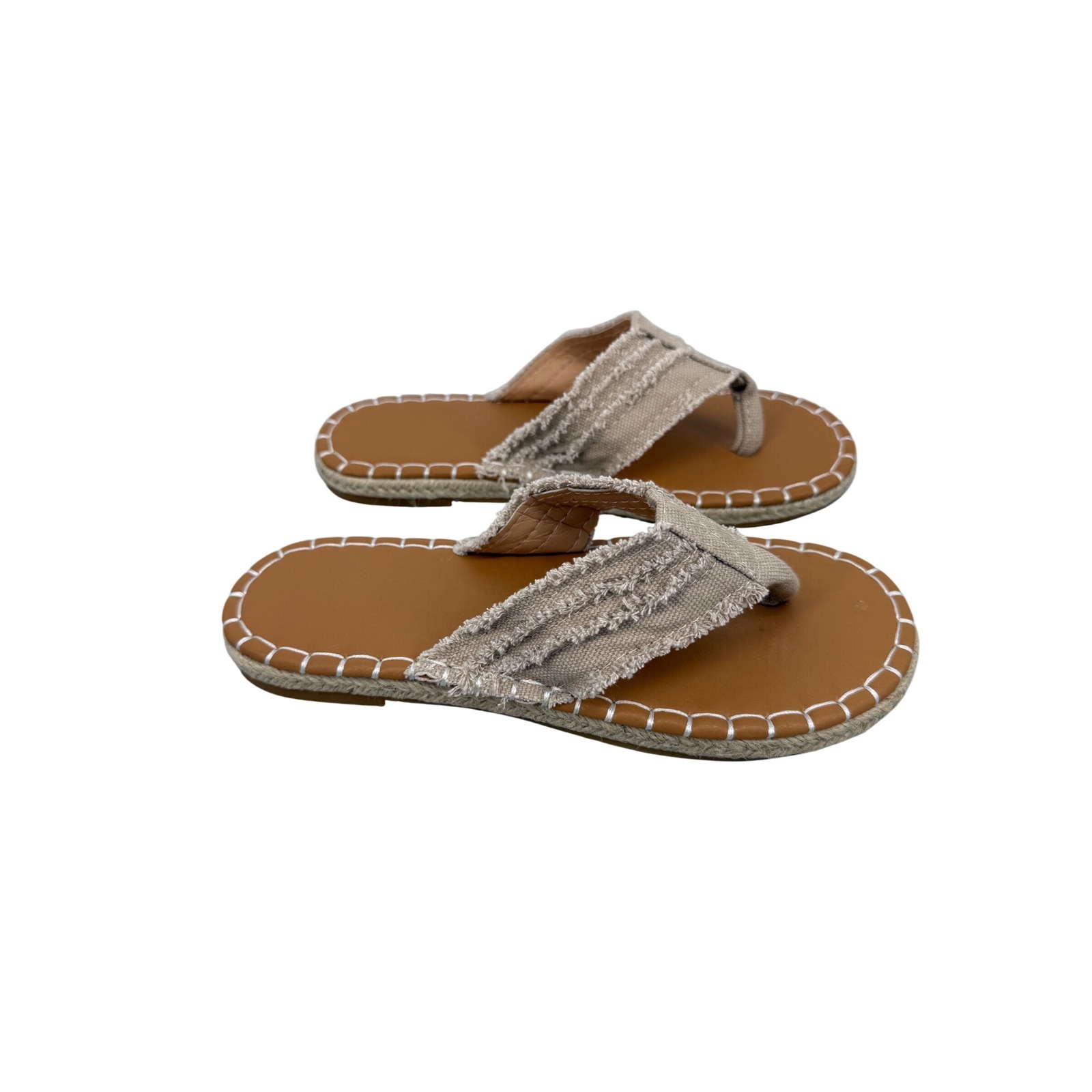 Frayed Canvas Thong Sandals Beige Tan Espadrille Whipstitch Flat Slides Size 37